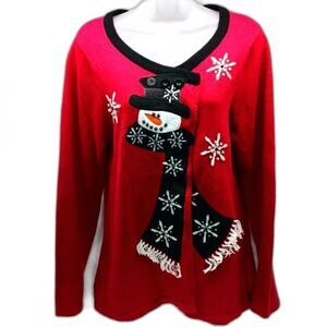 NWT Madal Bay Big Snowman Scarf Cardigan. Woman's L. Ugly Christmas Sweater Red.